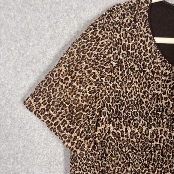 VTG 90s Top 2XL Leopard Animal Crinkle Sheer Textured Loud Maximalist Stretch - Picture 4 of 10